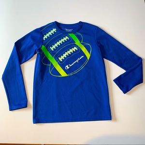Champion boys size M, long sleeve performance top blue, green football design.